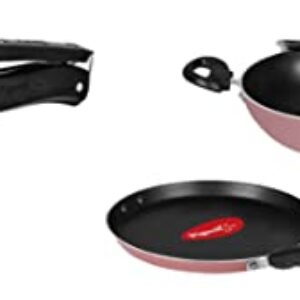 Pigeon Basics Non Stick Aluminium Non Induction Base Cookware Set, Including Dosa Tawa, Kadai with Glass Lid, and Frying Pan, (Pink) & Non Induction Base Aluminium Inner Lid Pressure Cooker (3 L)