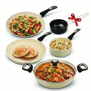 Impex 6 Pcs Nonstick Granite Cookware Set | 3 mm Thickness | Induction Bottom Cookware, Non Stick Cookware Set of Frypan, Kadai, Tawa, Tadka and Milk Pan | 1 Year Warranty