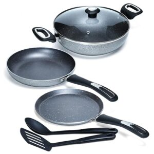 Impex Aluminium Migo Nonstick Granite 6 Pcs Induction Bottom Cookware Set 3 Mm Thick,Festival Gift Set Mfkt 6,5-Layer Super Granite Coated Cookware Set,Hammer Tone Exterior Finish,1 Yr Warranty, Grey