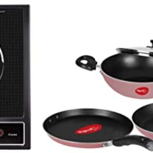 Pigeon By Stovekraft Cruise 1800-Watt Induction Cooktop (Black) & Basics Aluminium Nonstick Cookware Set, Set Of 3 (With One Lid), Pink Combo, Radiant