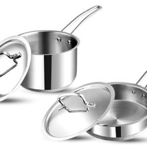 Vinod Classique Deluxe Stainless Steel Cookware Combo Set of 2 Pcs | Saucepan 2.1 Litre (16cm), Frypan (20cm) | Extra Deep, Riveted Handles | Induction Base | 2 Year Warranty