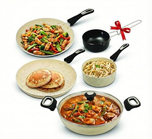 Impex 6 Pcs Nonstick Granite Cookware Set | 3 mm Thickness | Induction Bottom | Frypan, Kadai, Tawa, Tadka and Milk Pan | 1 Year Warranty