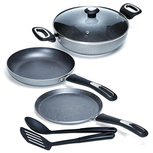 Impex Aluminium Migo Nonstick Granite 6 Pcs Induction Bottom Cookware Set 3 Mm Thick,Festival Gift Set Mfkt 6,5-Layer Super Granite Coated Cookware…