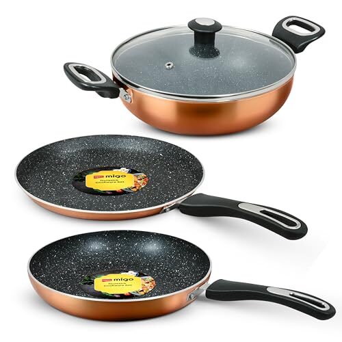 Impex Migo Non Stick Cookware Set 4 pc Induction Cookware Set 3 mm Thickness of Tawa Pan Fry Pan and Kadai Pan with Lid | Granite Finish 5 Layer…