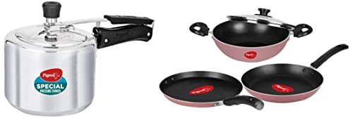 Pigeon Basics Non Stick Aluminium Non Induction Base Cookware Set, Including Dosa Tawa, Kadai with Glass Lid, and Frying Pan, (Pink) & Non…