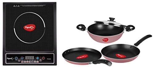 Pigeon By Stovekraft Cruise 1800-Watt Induction Cooktop (Black) & Basics Aluminium Nonstick Cookware Set, Set Of 3 (With One Lid), Pink Combo, Radiant