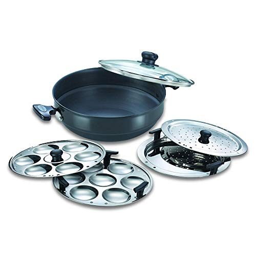 Prestige Hard Anodised Multi Kadhai | 28 cm | Black | Induction Base | Multi-Purpose Accesories – Idli Stand, Dhokla Stand and Steamer | Round…